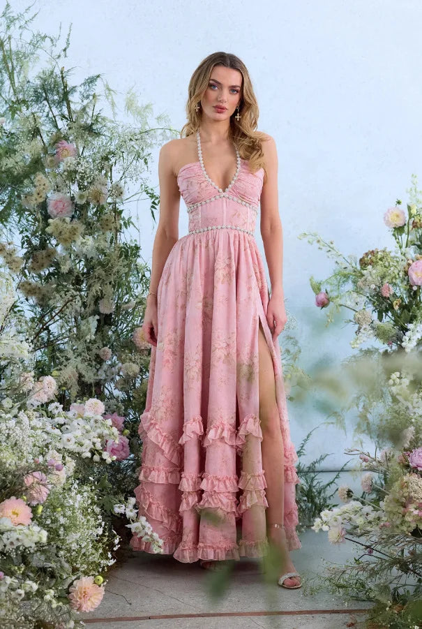 Floral Elegance Halter Maxi Dress