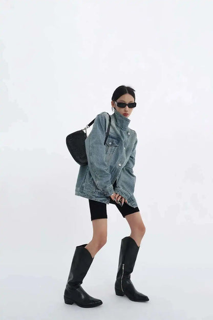 Denim Charm Patchwork Turtleneck Coat
