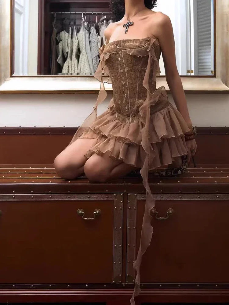 Bronze Belle Strapless Ruffle Dress
