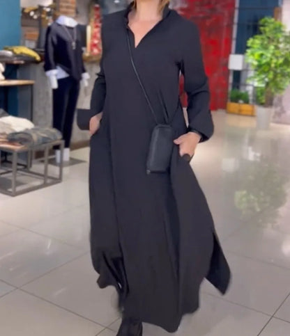 Solid V-Neck Casual Dress