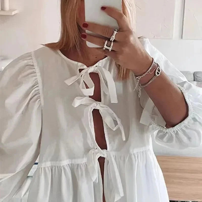 Striped Bow Puff Blouse