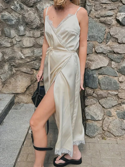 Satin Glow Lace Splice Dress