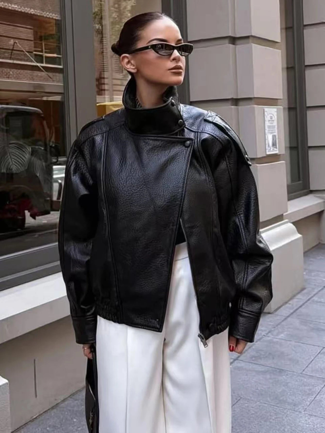 Women’s Faux Leather Loose Jacket – Zipper Coat