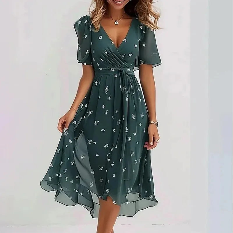 Printed V-Neck Knee Dress