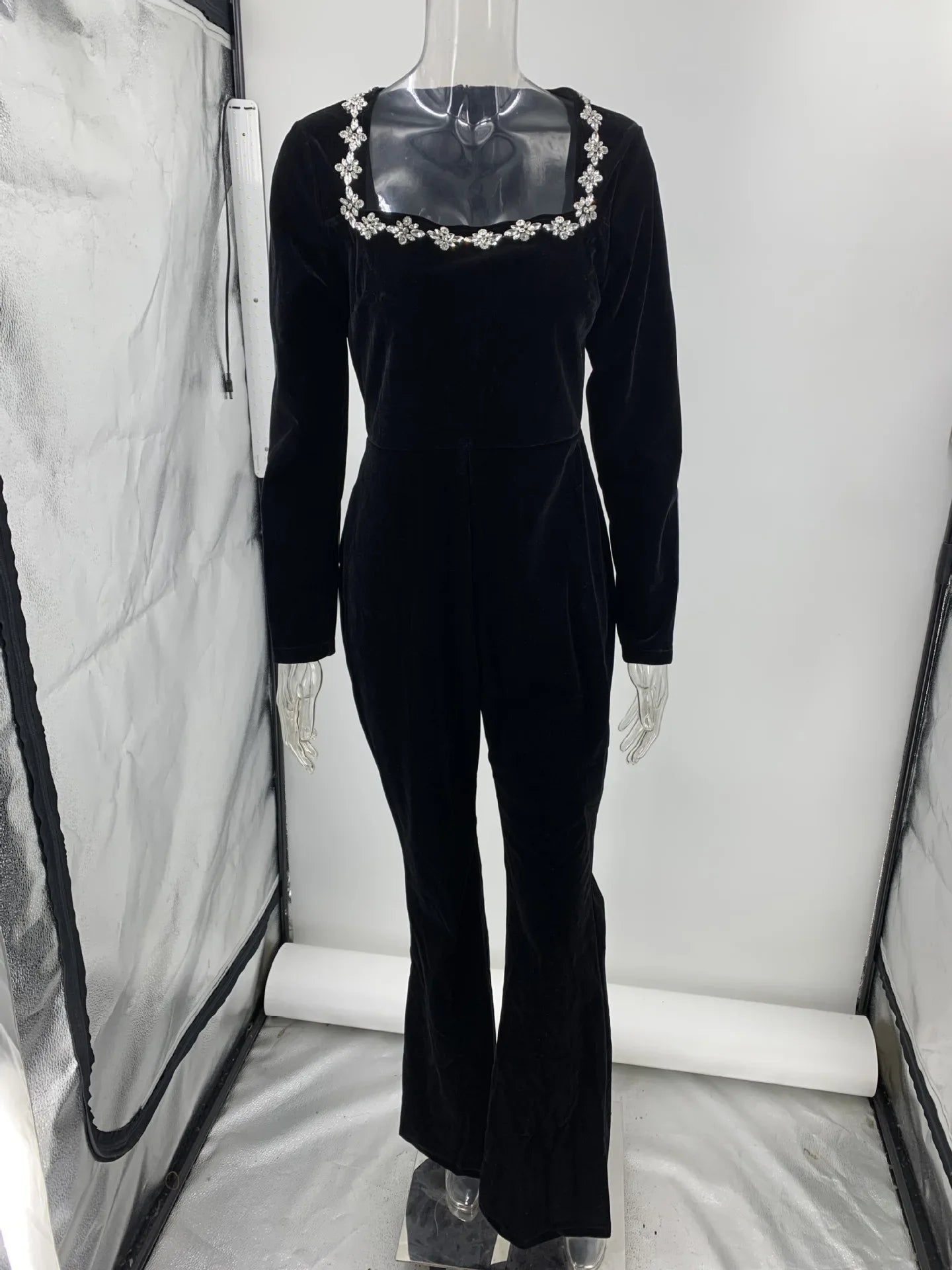 Black Velour Flare Jumpsuit