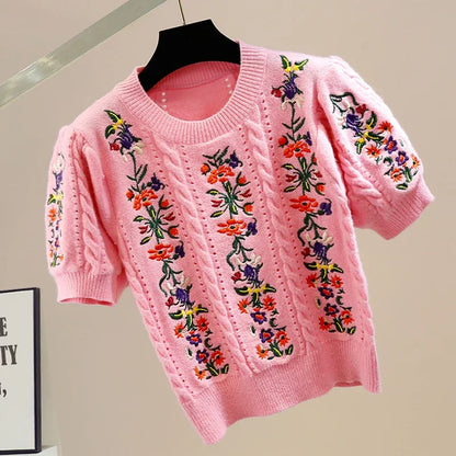 Embroidered Grace Puff Sleeve Knit