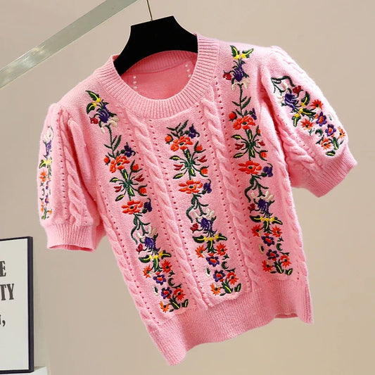 Embroidered Grace Puff Sleeve Knit