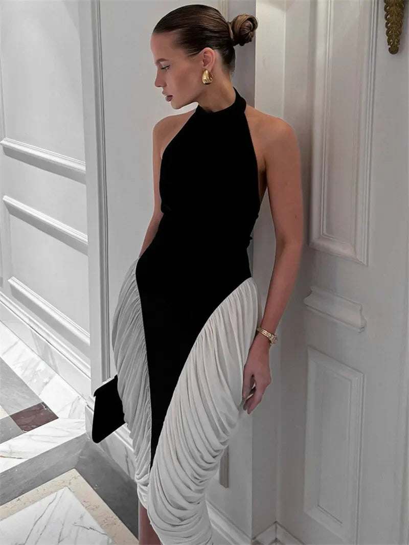 Elegant Patchwork Halter Midi Dress