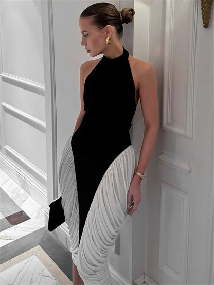 Elegant Patchwork Halter Midi Dress