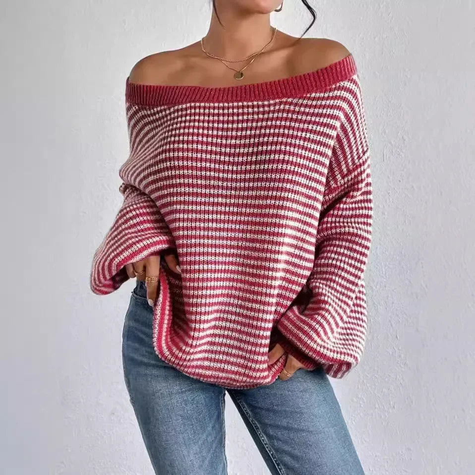 Stripe Lace Lantern Sleeve Knit Top