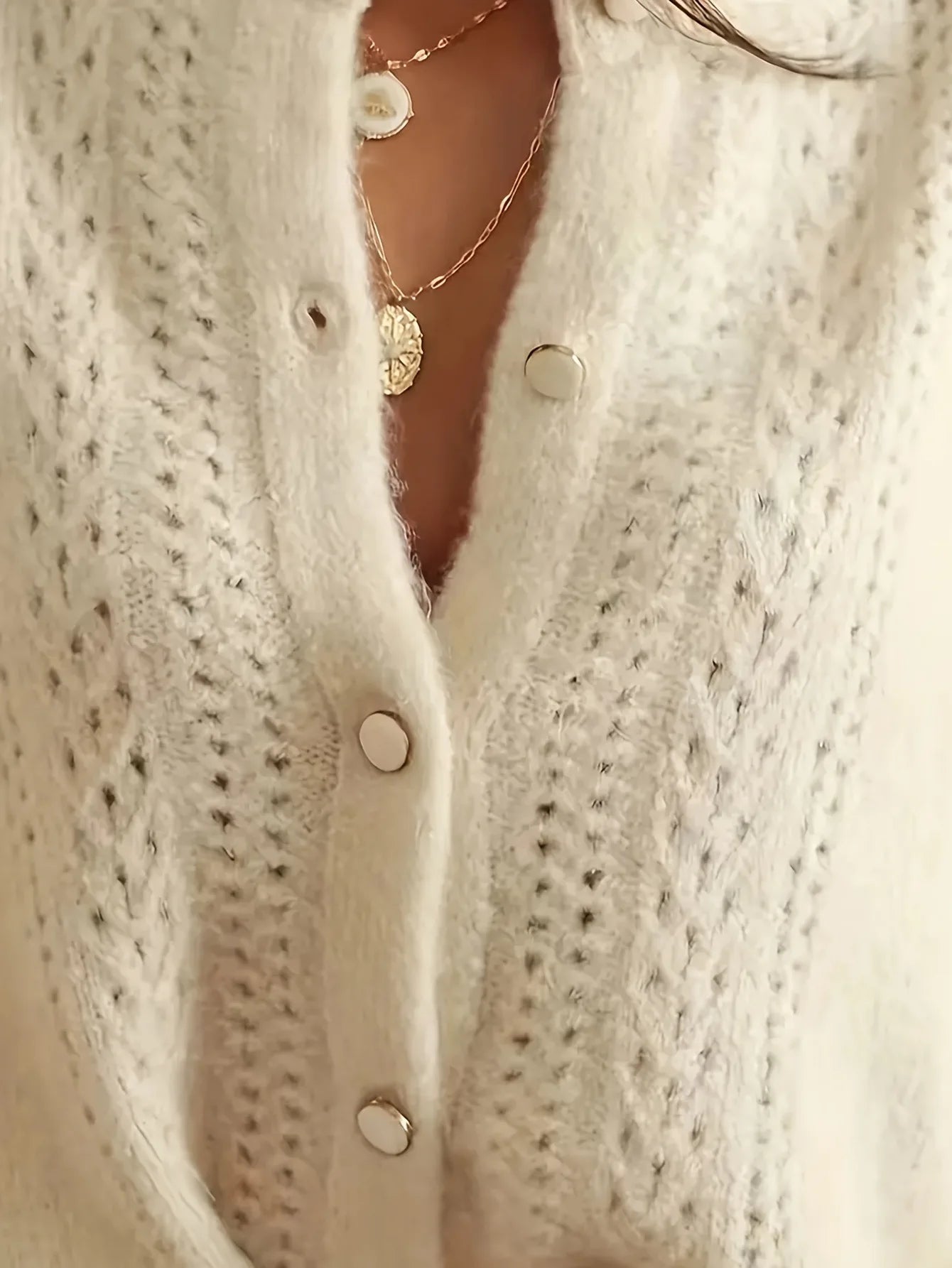 Elegant Hollow-Knit V-Neck Cardigan