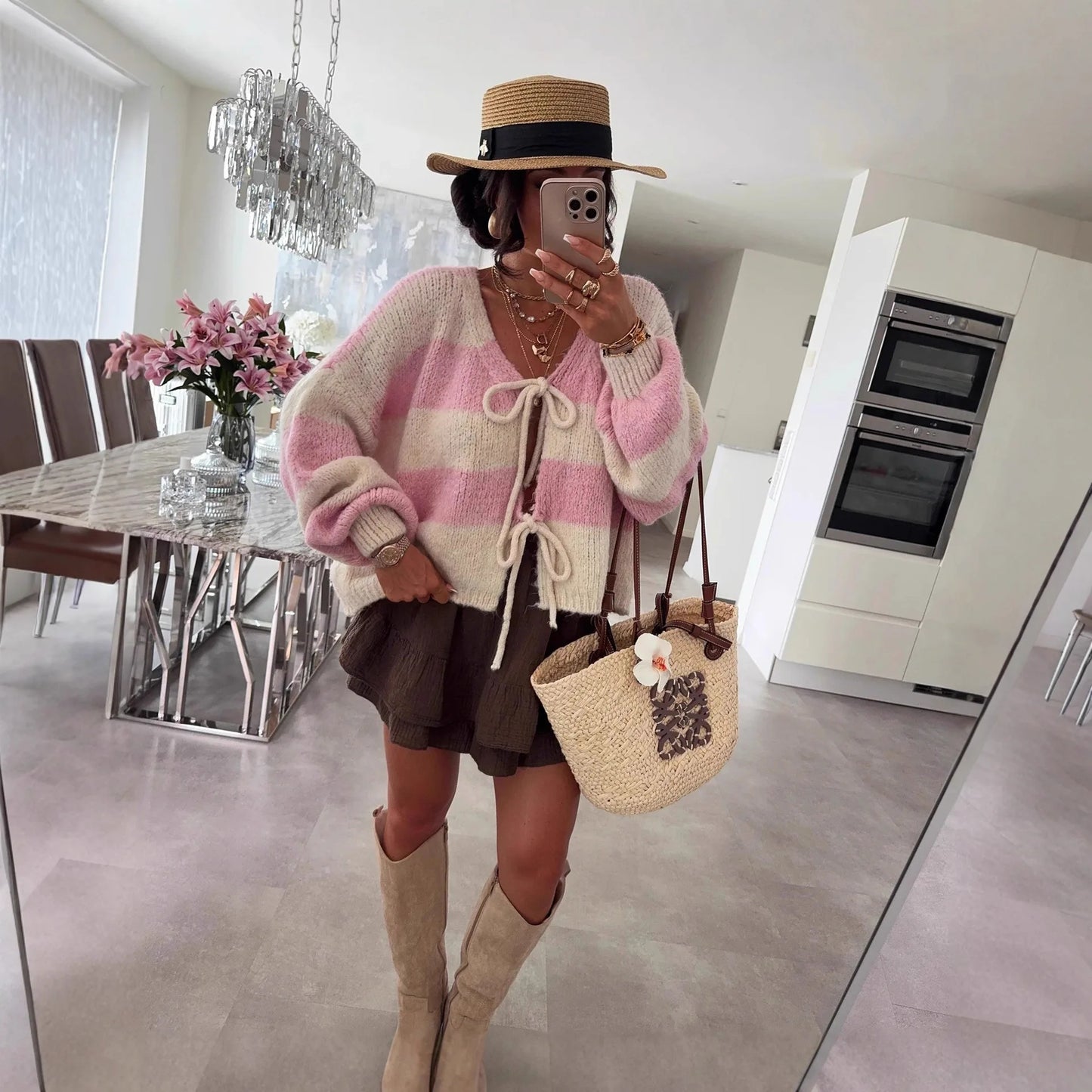 Knitted Open Cardigan Round Neck