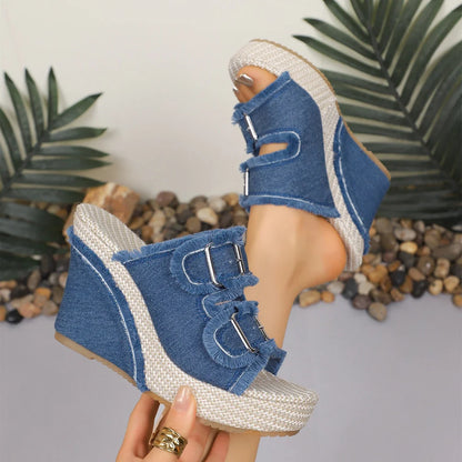 Denim Wedge Platform Buckle Sandals