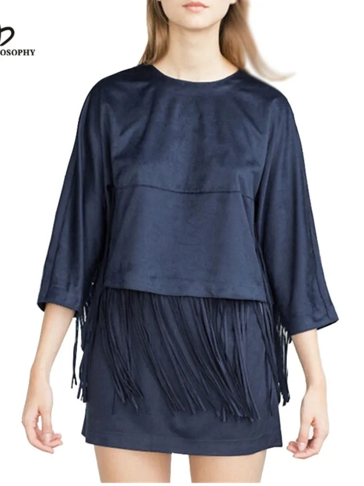 Women’s Navy Blue Suede Skirt Set