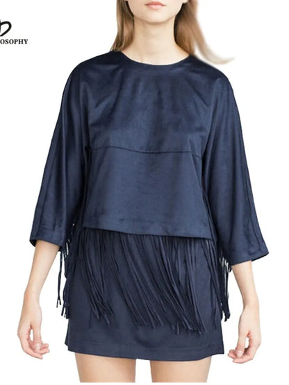 Women’s Navy Blue Suede Skirt Set