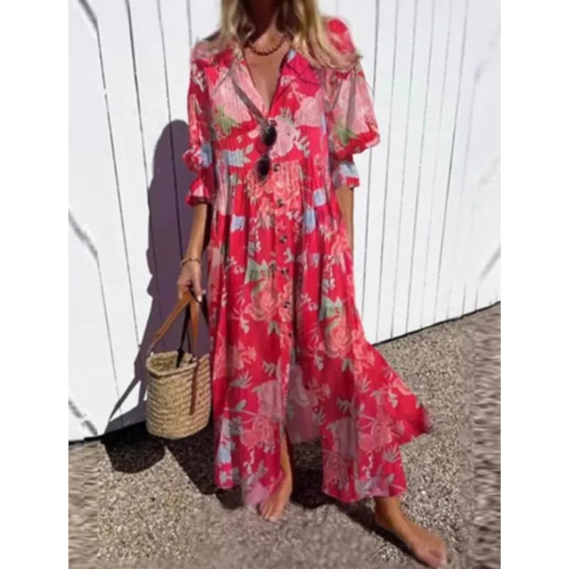 V-neck Bohemian Shirt Dress