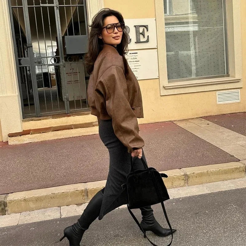 Vintage O-Neck Leather Jacket