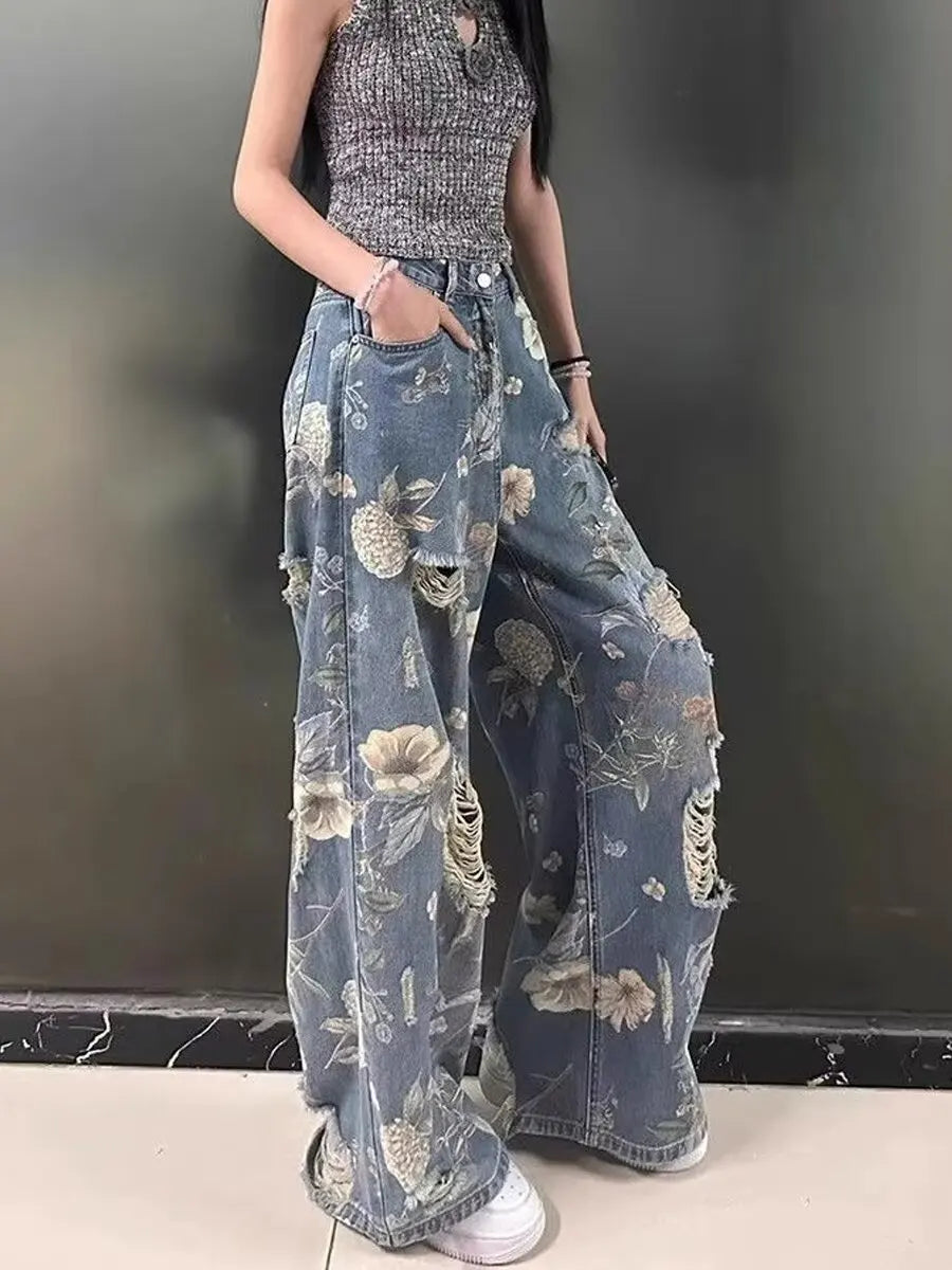 Vintage Floral Ripped Wide Leg Jeans