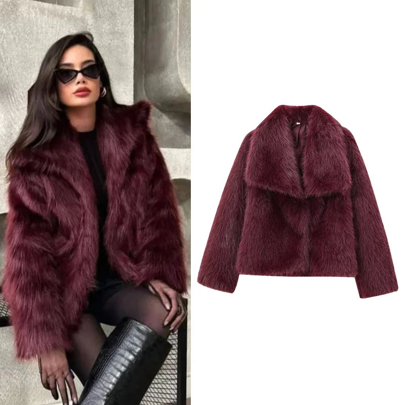 Plush Burgundy Crop Fur Jacket