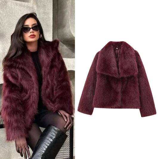 Plush Burgundy Crop Fur Jacket