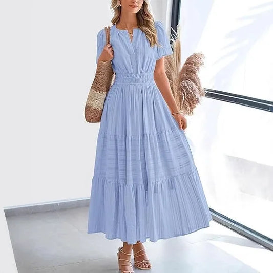 V-Neck Puff Sleeve Beach Dress
