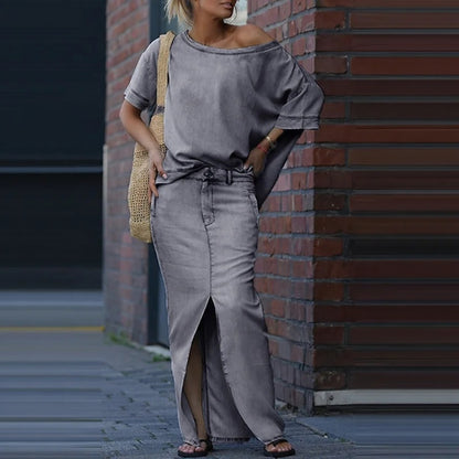 Elegant Denim Split Skirt Set