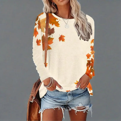 Four Seasons Floral Maple Leaf Long Sleeve T-Shirt