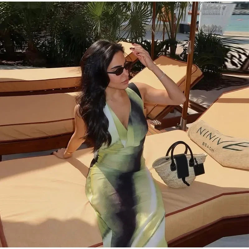 Chic Tie-Dye Backless Lace-Up Dress