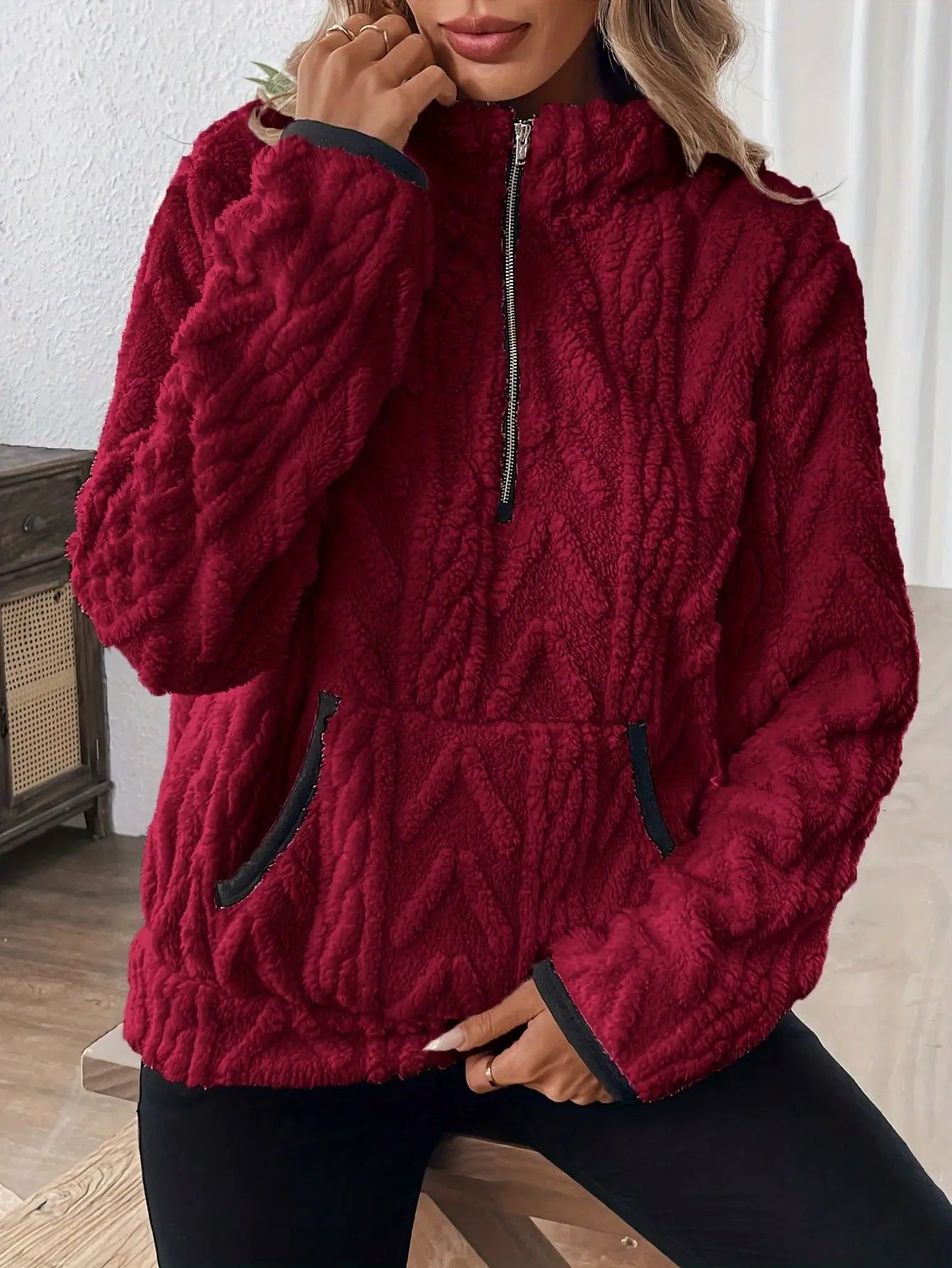 Wool Blend Patchwork Zip Hoodie