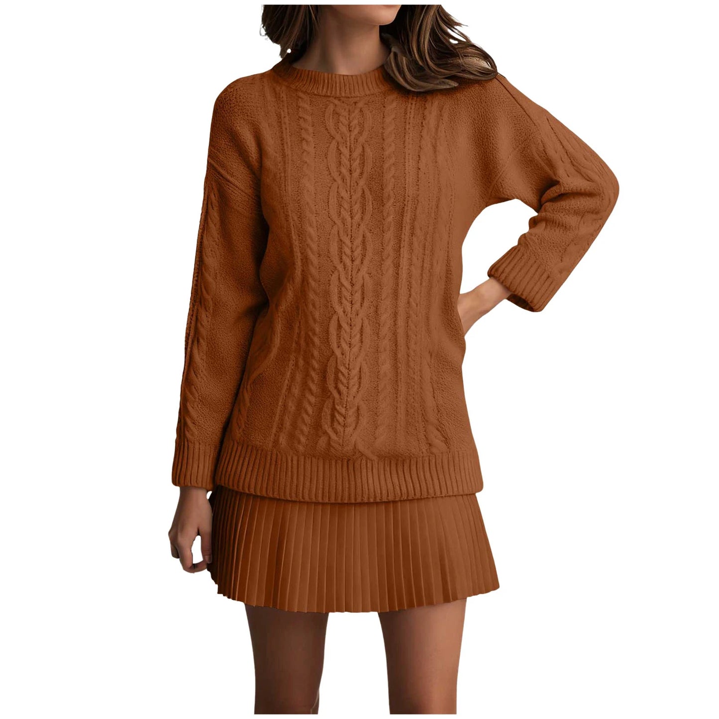 Women’s Twist Knit Sweater Dress — Retro O-Neck