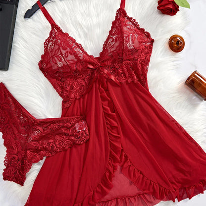 Lace V-Neck Tulle Lingerie Set