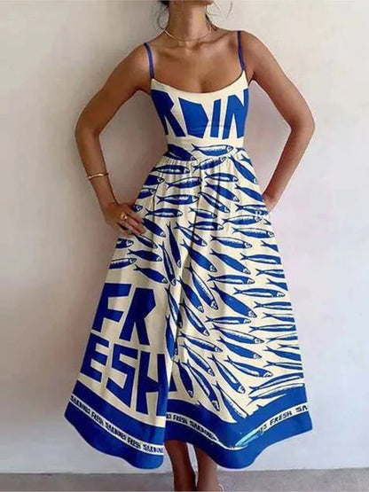 Fish & Shrimp Print Maxi Dress