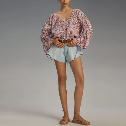 Boho Bloom Lace-Up Floral Blouse
