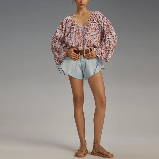 Boho Bloom Lace-Up Floral Blouse