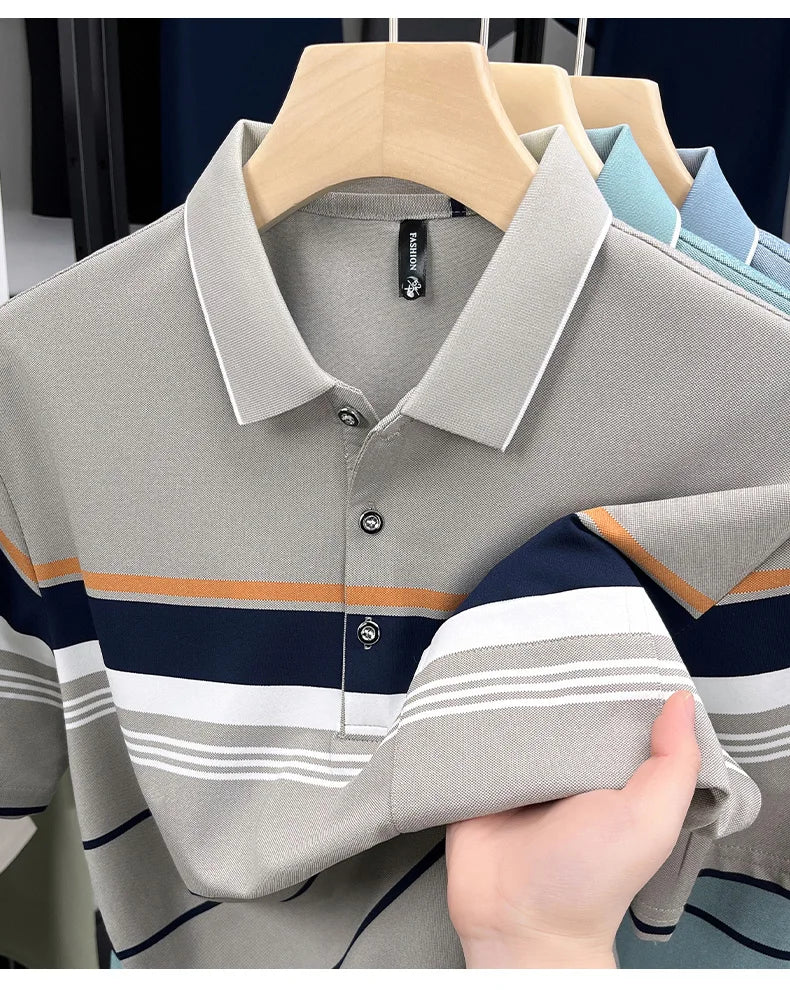 Luxury Color-Block Striped Polo Shirt