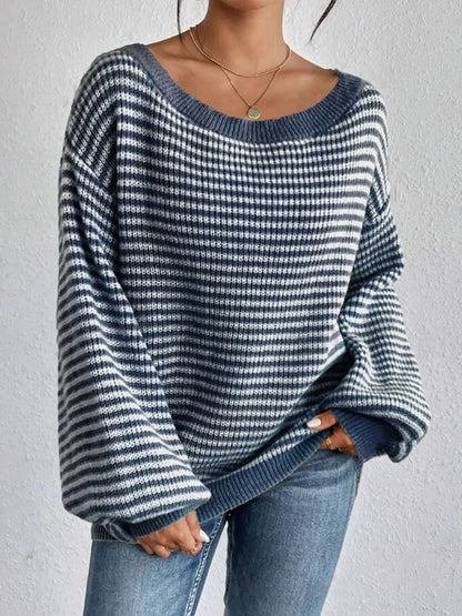 Stripe Lace Lantern Sleeve Knit Top