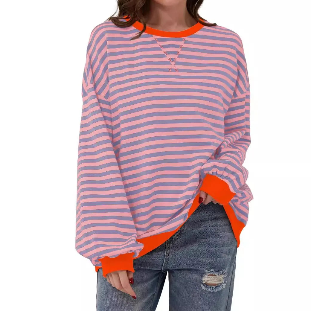 Women's Striped Crew Neck Long Sleeve Pullover Sweater for Fall/Winter Homewear
