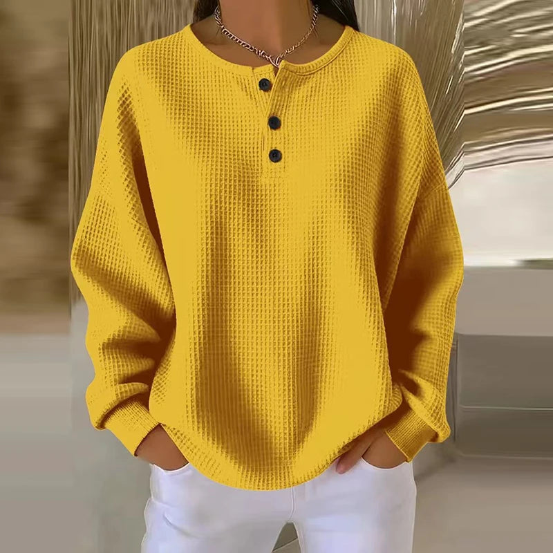 Button Design Pullover — Casual Long Sleeve Top
