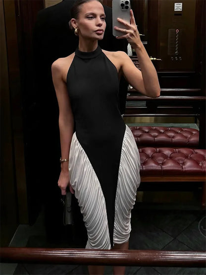 Elegant Patchwork Halter Midi Dress