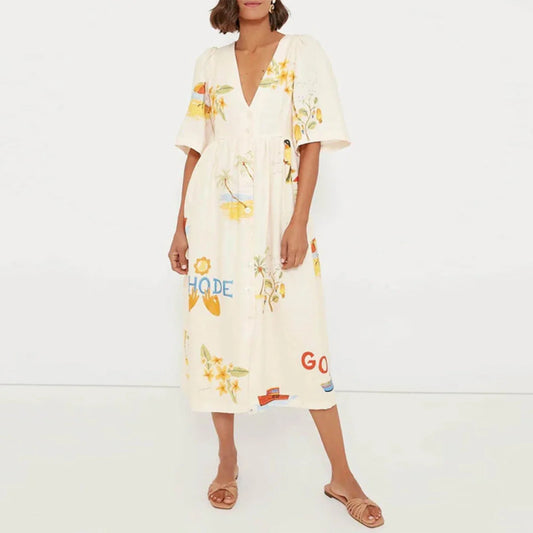 Petal Script V-Neck Maxi Dress