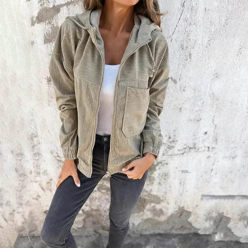 Cozy Cord Hooded Zip-Up Corduroy Jacket