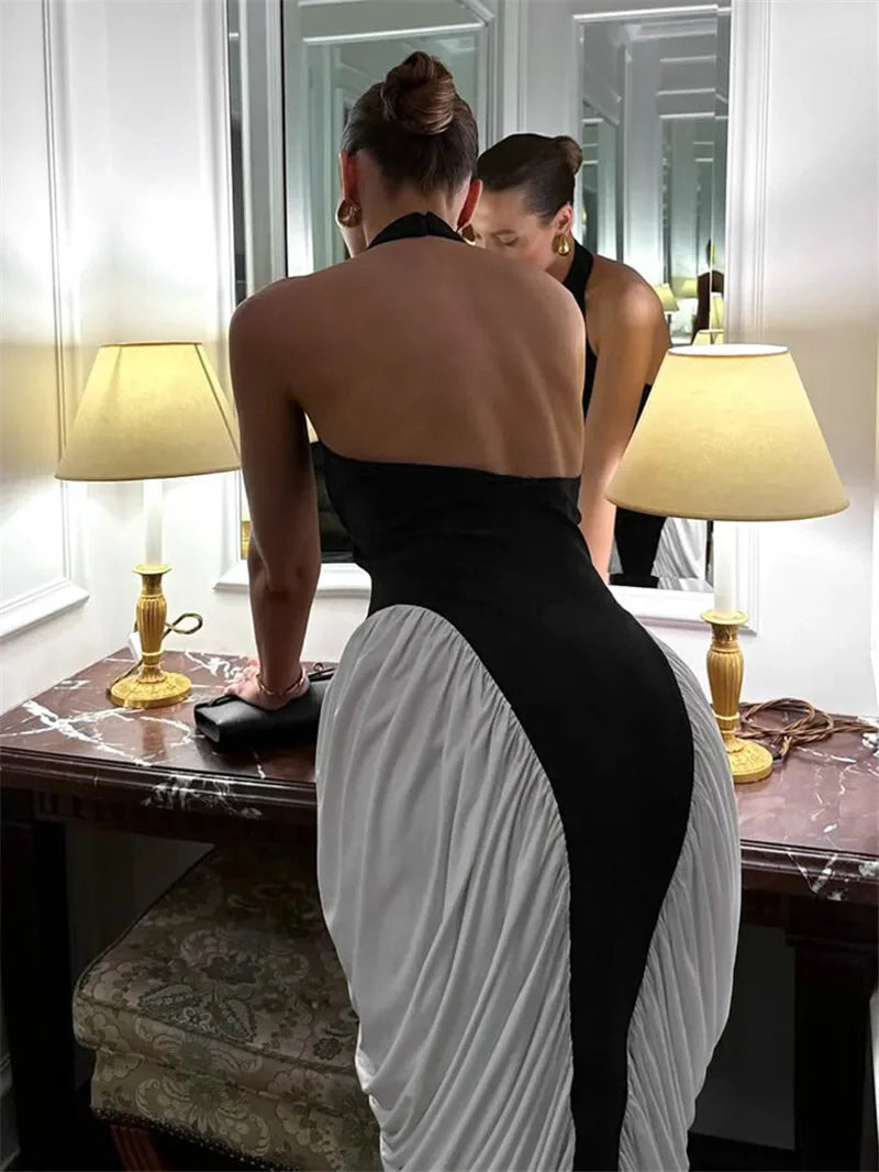 Elegant Patchwork Halter Midi Dress