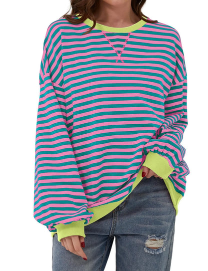 Women's Striped Crew Neck Long Sleeve Pullover Sweater for Fall/Winter Homewear