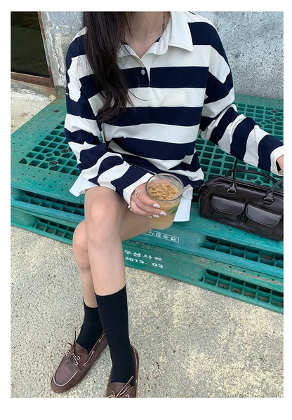 Loose Fit Striped Polo Sweatshirt