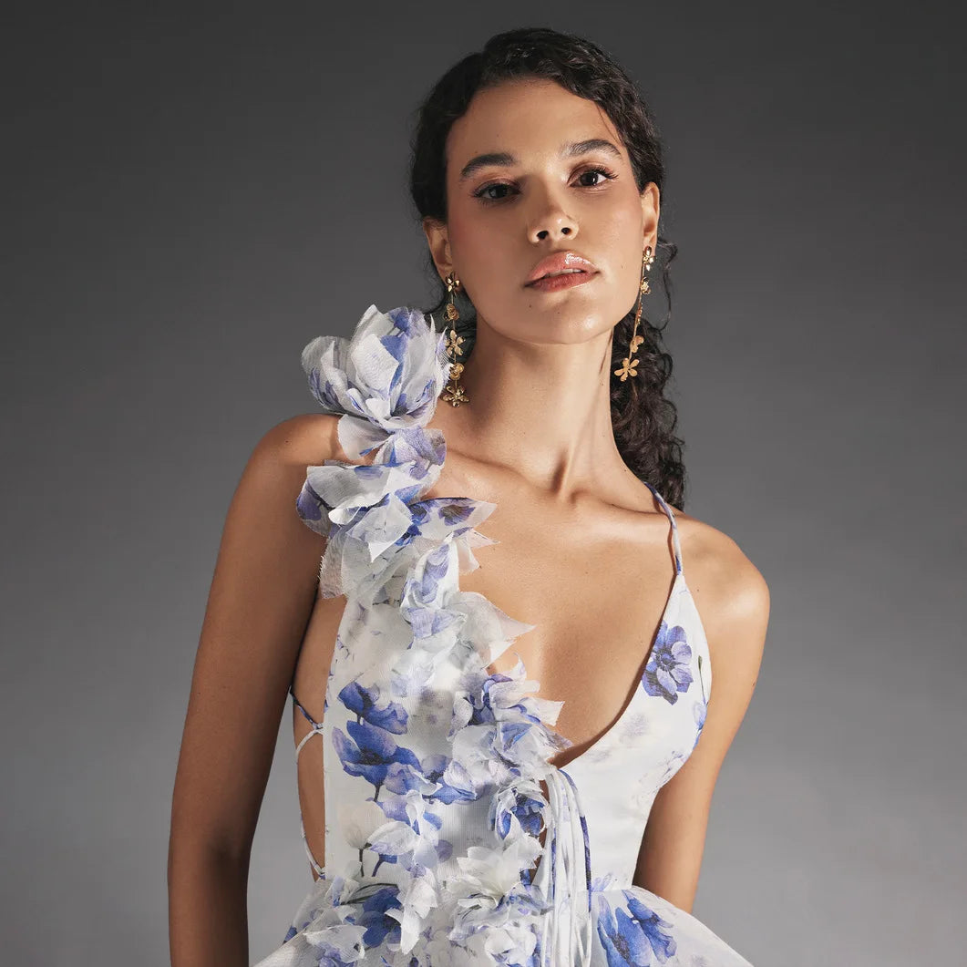 3D Floral Backless Halter Dress