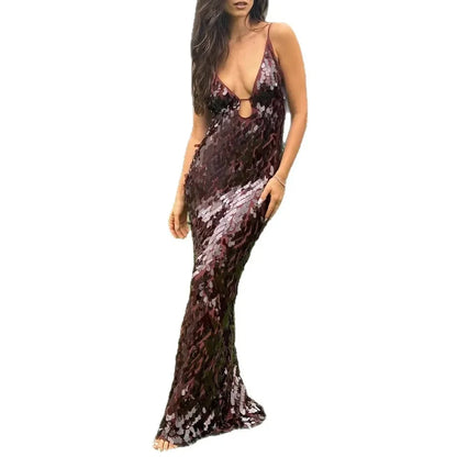 Red Sequin Backless Maxi Dress