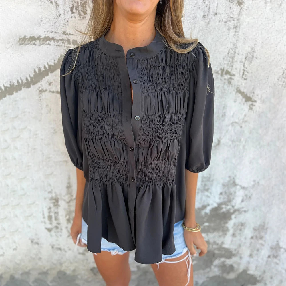 Lantern Sleeve Stand Collar Blouse