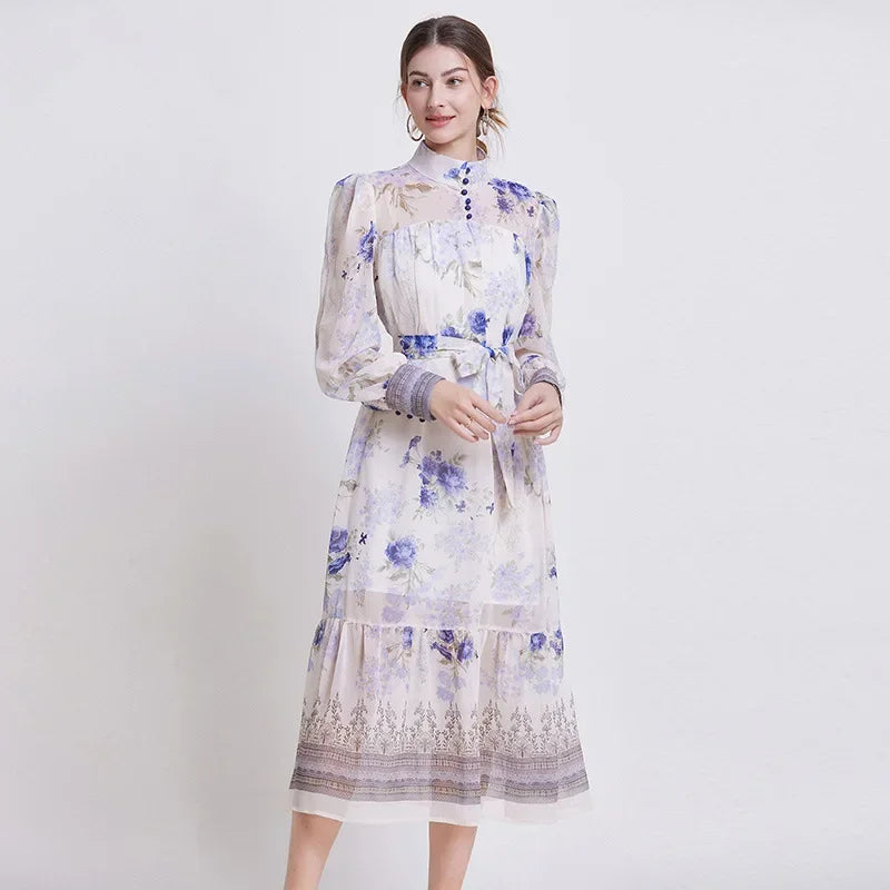 Floral Chiffon Waist Cinching Dress