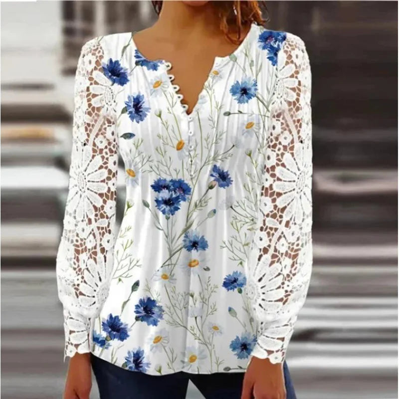 Sexy Lace V-Neck Pleated Blouse