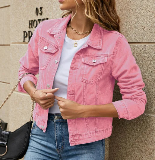 Washed Denim Turn-Down Collar Jacket